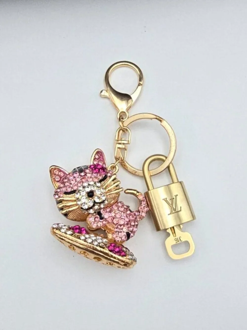 Louis Vuitton Gold Padlock Key 🔒 Authentic LV Charm + Unbranded Cat Keychain